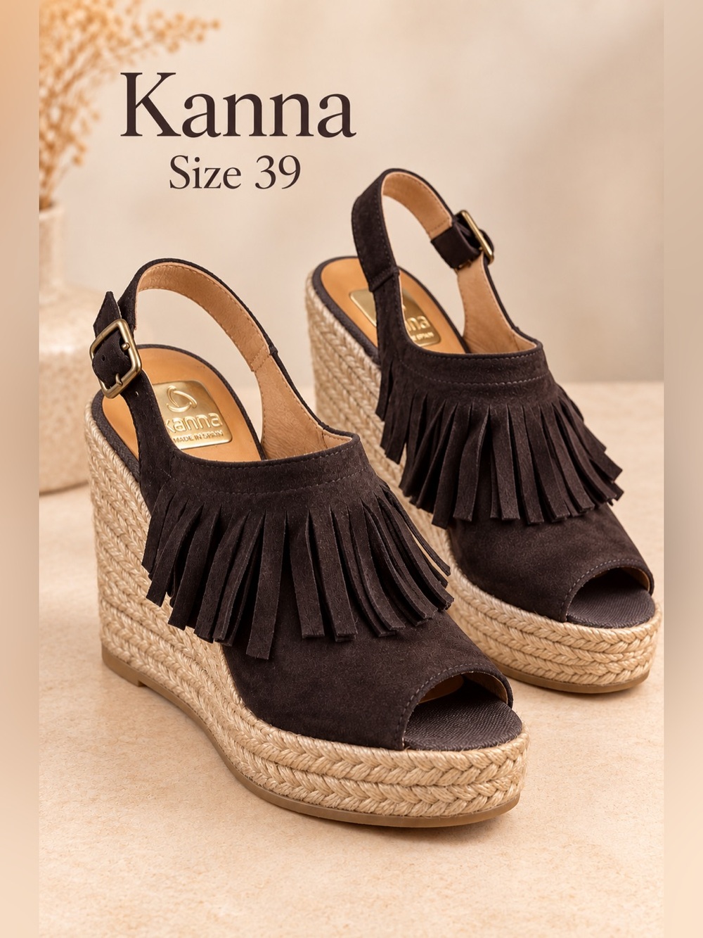 Kanna Brown Suede Fringe Espadrille Wedge Sandals Size 39 Made in Spain